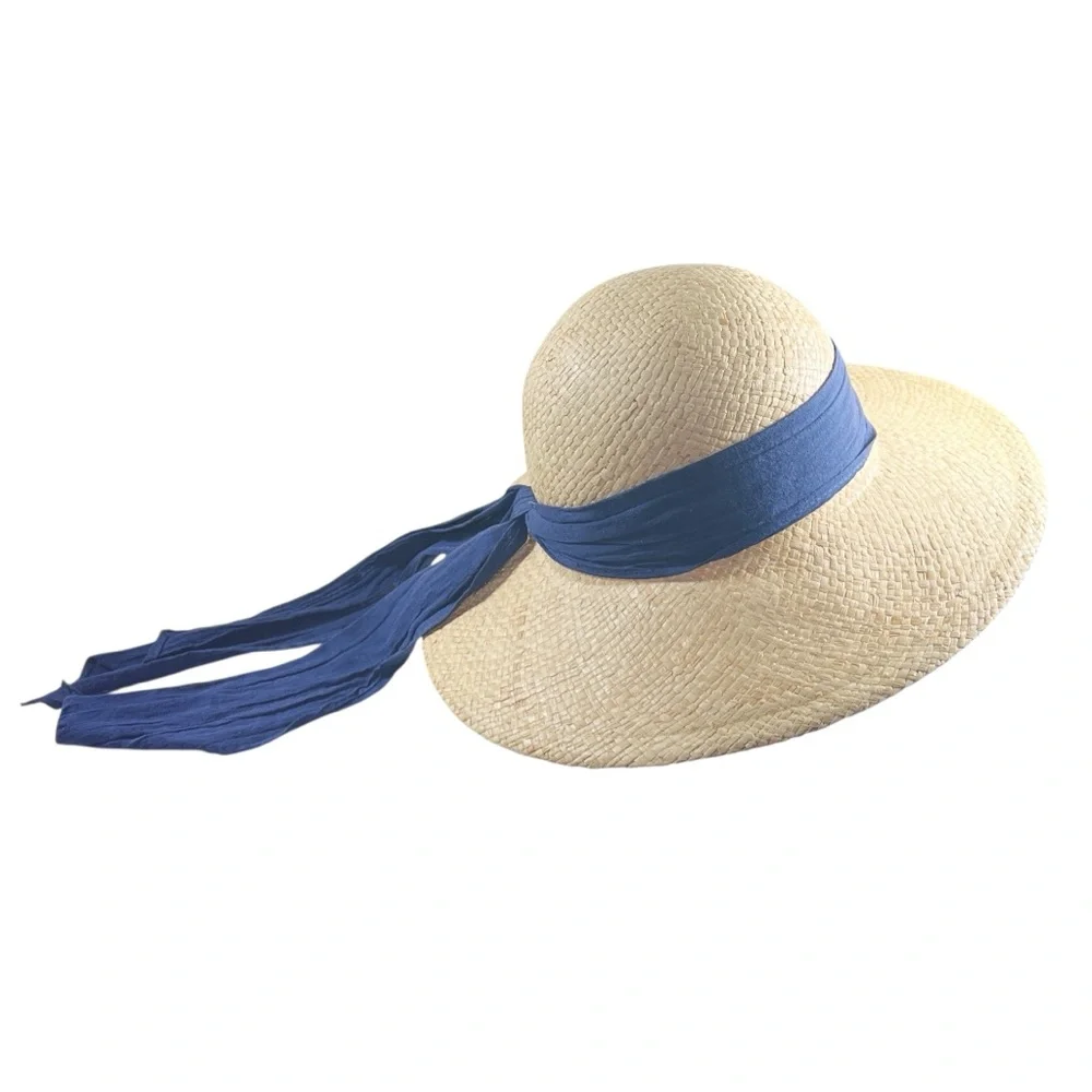 Elegant Woven Straw Sun Hat with Navy Blue Band EUC Beach Resort Cruise Vacation